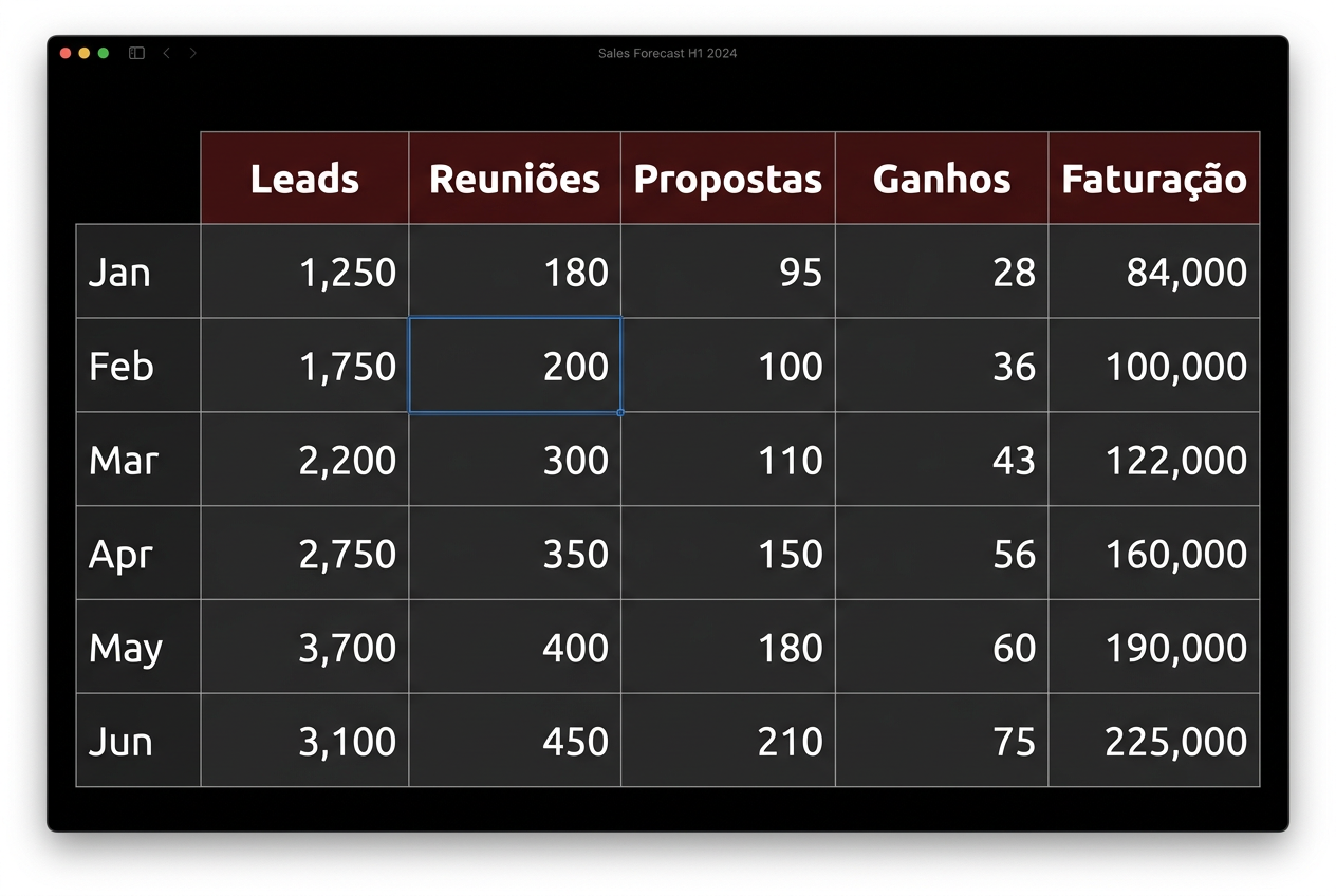 Pré-visualização do ficheiro de Forecast: Leads, Reuniões, Propostas, Ganhos e Faturação por mês